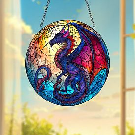 Acrylic Hanging Ornaments, Flat Round with Dragon Pattern Suncatchers for Garden Outdoor Hanging Decorations