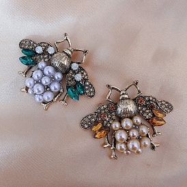 Bee Plastic Pearl with Rhinestone Brooch Pin, Alloy Badge for Backpack Clothes, Antique Golden