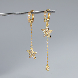 925 Silver Tassel Earrings with Asymmetric Diamond Star Long Ear Pendant - Five-pointed Star Ear Clip for Women.