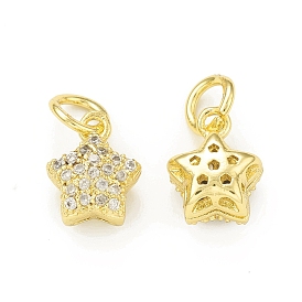 Rack Plating Brass Micro Pave Clear Cubic Zirconia Charms, with Jump Ring, Cadmium Free & Lead Free, Long-Lasting Plated, Real 18K Gold Plated, Star Charm