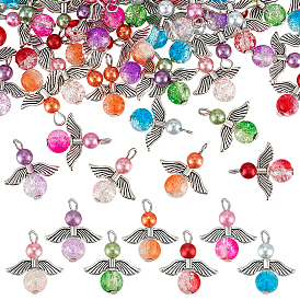 56шт 7 цвета хрустальные стеклянные подвески, ангел, с акриловыми бусинами из искусственного крашеного жемчуга, платиновыми железными штифтами с плоскими головками и крылышками из сплава в тибетском стиле