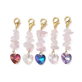Natural Rose Quartz Chip Pendant Decorations, with Glass Heart Pendant and Alloy Lobster Claw Clasps