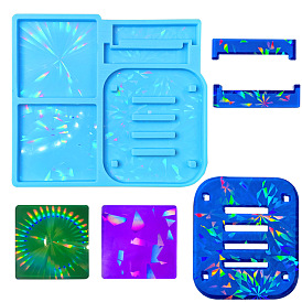 DIY Holographic Square Coaster & 4-Slot Rectangle Laser Effect Coaster Holder Silicone Molds, Resin Casting Molds, For UV Resin, Epoxy Resin Craft Making