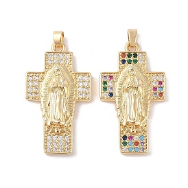 Brass Cubic Zirconia Pendants, Long-Lasting Plated, Cross with Holy Virgin Charms, Golden