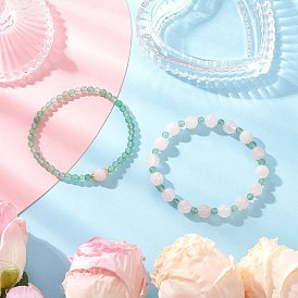 2Pcs Natural Green Aventurine & Rose Quartz Round Beaded Stretch Bracelets for Women
