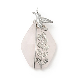 Natural Rose Quartz Pendants, Teardrop Charm, with Stainless Steel Color Plated 304 Stainless Steel Bird Findings
