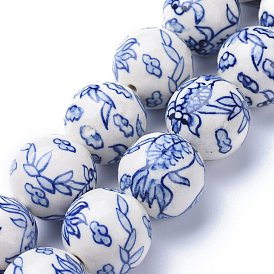Brins de perles de porcelaine bleu et blanc à la main, poisson koi, ronde