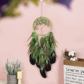 Woven Net/Web with Feather Pendant Decorations, with Plastic Beads and Gemstone Chips Flat Round with Tree of Life, for Home Decorations
