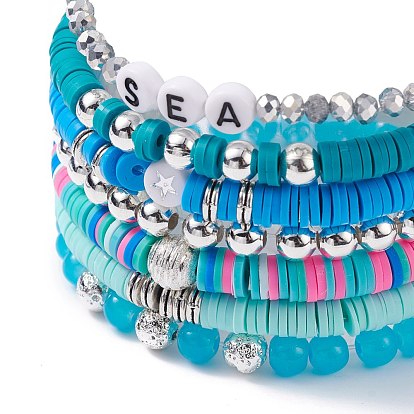 Handmade Polymer Clay Heishi Beads Stretch Bracelets Set, Transparent Glass Round Beads Bracelets, Sea Word Acrylic Beads Bracelets for Women