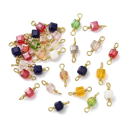 Faceted Glass Connector Charms, with Raw(Unplated) Brass Double Loops, Cube