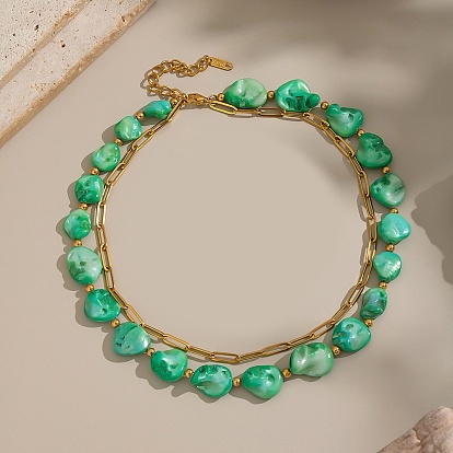 304 Двухслойные ожерелья из нержавеющей стали с натуральными ракушками, окрашенными в зеленый цвет, с бусинами для женщин, ионное покрытие (ip), без кадмия, без никеля и без свинца