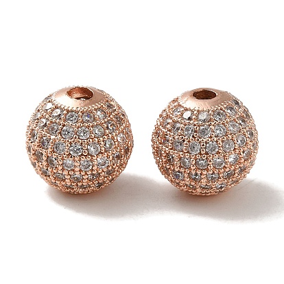 Rack Plating Brass Pave Clear Cubic Zirconia Beads, Long-Lasting Plated, Cadmium Free & Lead Free, Round
