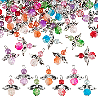 56шт 7 цвета хрустальные стеклянные подвески, ангел, с акриловыми бусинами из искусственного крашеного жемчуга, платиновыми железными штифтами с плоскими головками и крылышками из сплава в тибетском стиле