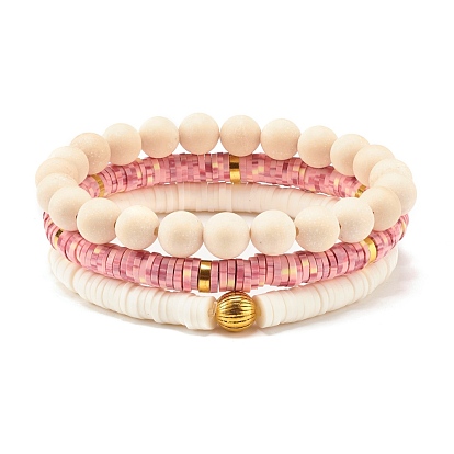 Ensemble de bracelets stetch en perles heishi en argile polymère faits à la main, fossiles naturels et bijoux en argent pour femmes