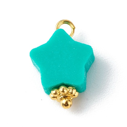 Handmade Polymer Clay Star Charms Pendant, with Golden Iron Eye Pin and Brass Beads