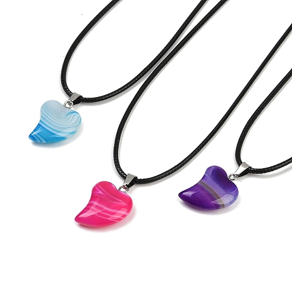 Ожерелья с подвеской в виде сердца из окрашенного натурального полосатого агата, плетеные черные шнуры ожерелья, цвет нержавеющей стали