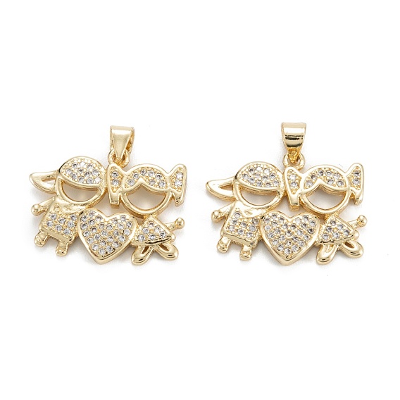 Латунные микропаве прозрачные подвески с фианитом, долговечный, сердце с мальчиком и девочкой