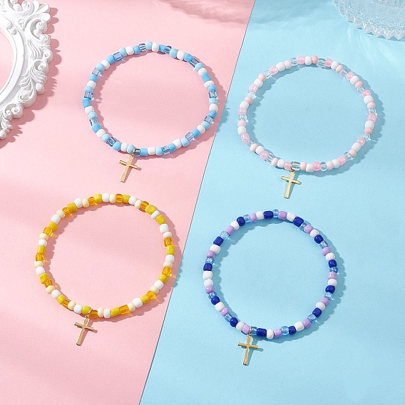 304 браслеты с подвесками в виде маленького крестика из нержавеющей стали, Эластичные браслеты из стеклянного бисера для женщин
