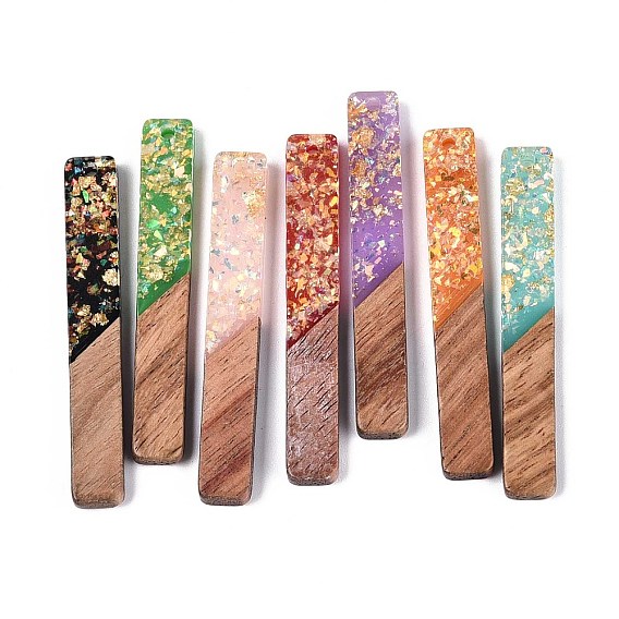 Подвески из непрозрачной смолы и орехового дерева, прямоугольник амулеты, с блестящей пудрой и золотой фольгой