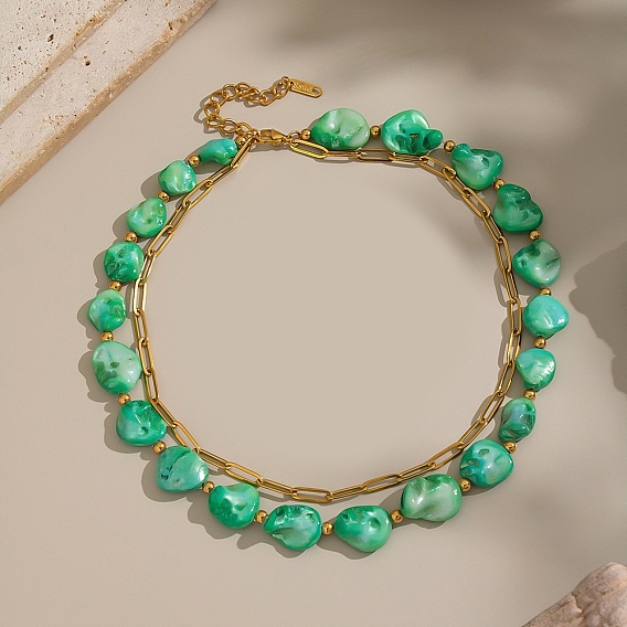 304 Двухслойные ожерелья из нержавеющей стали с натуральными ракушками, окрашенными в зеленый цвет, с бусинами для женщин, ионное покрытие (ip), без кадмия, без никеля и без свинца