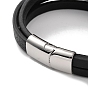 Men's Black PU Leather Cord Multi-Strand Bracelets, Flower 304 Stainless Steel Link Bracelets with Magnetic Clasps