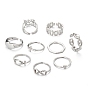 9Pcs 9 Style Brass Cuff Rings, Open Rings, Long-Lasting Plated, Heart & Fish & Octagon & Infinity & Cross & Rectangle & Coffee Bean Chain & Word Good Luck