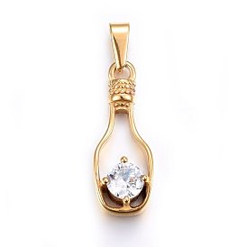 304 Stainless Steel Pendants, with Cubic Zirconia, Bottle