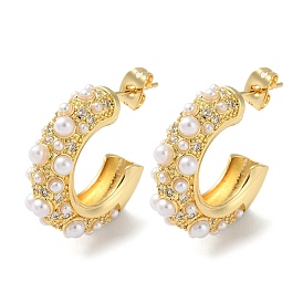 Brass Pave Cubic Zirconia Stud Earrings, with ABS Plastic Imitation Pearl Beads, C-shaped