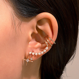 Sparkling Four-pointed Star Ear Clips with Pearl Accent for Women's Chic and Unique Style