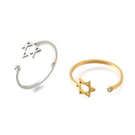 304 открытые манжетные кольца из нержавеющей стали с микропаве из кубического циркония, гексаграмма