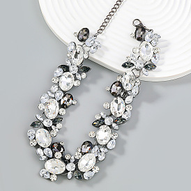 Exaggerated Alloy Inlaid Rhinestone Floral Necklace for Women's Vintage Sweater Chain Jewelry