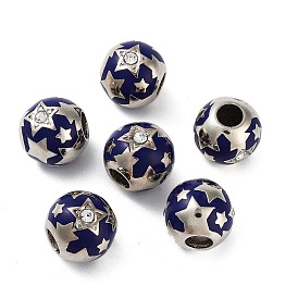 Platinum Plated Alloy Enamel European Beads, with Rhinestone, Large Hole Beads, Round with Star Pattern