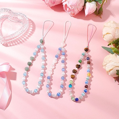 Heart Cat Eye Mobile Straps, with Nylon Threads &  Natural Tiger Eye & Green Aventurine & Quartz Crystal