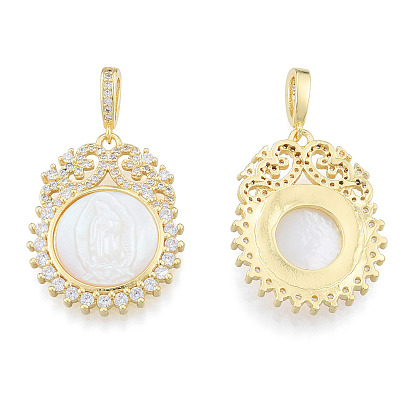 Brass Micro Pave Clear Cubic Zirconia Pendants, with Shell, Nickel Free, Real 18K Gold Plated, Flat Round with Saint