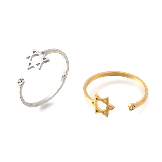 304 открытые манжетные кольца из нержавеющей стали с микропаве из кубического циркония, гексаграмма