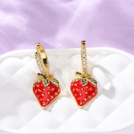 Латунные микро проложить серьги обруча кубического циркония, клубника, с эмалью, без кадмия и без свинца, стойки покрытие, долговечный