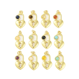 Mixed Gemstone Pendants, 304 Stainless Steel Heart Lock Charms with Jump Rings, Real 18K Gold Plated