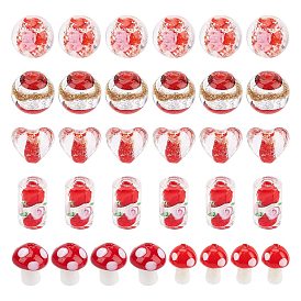 38Pcs 7 Style Handmade Luminous Inner Flower Lampwork Beads, Round & Mushroom & Heart