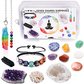 Nuggets Gemstone Cluster & Bracelet & Pendulum Pendant Set, Gemstone Home Divination Supplies, for Reiki Chakra Meditation Therapy Decos