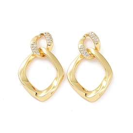 Clear Cubic Zirconia Double Twist Rhombus Dangle Stud Earrings, Brass Jewelry for Women