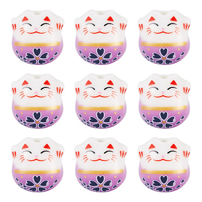 9шт. фарфоровые бусины ручной работы с принтом, Lucky Cat