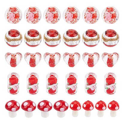 38Pcs 7 Style Handmade Luminous Inner Flower Lampwork Beads, Round & Mushroom & Heart