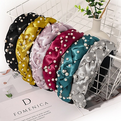 Plastic Imitation Pearl Cross Knotted Turban Hair Hoop, Twist Cloth Wide Hairband