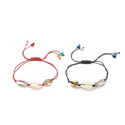 2Pcs 2 Color Acrylic & Alloy Shell Braided Bead Bracelets Set with Lampwork Evil Eye, Adjustable Bracelets for Women