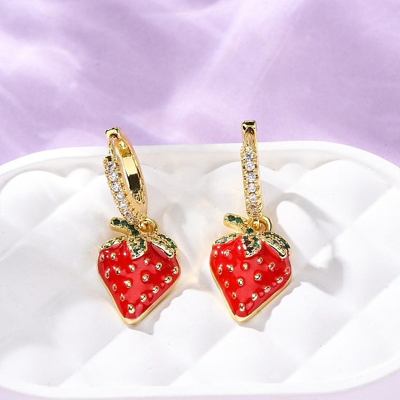 Латунные микро проложить серьги обруча кубического циркония, клубника, с эмалью, без кадмия и без свинца, стойки покрытие, долговечный