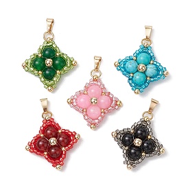 Gemstone & Glass Seed Beaded Woven Pendants, Star Charms with 304 Stainless Steel Snap on Bails, Golden