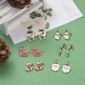 Christmas Theme, Alloy Enamel Pendants, Snowman & Christmas Reindeer/Stag & Boots & Sock & Father Christmas & Candy Cane, Light Gold