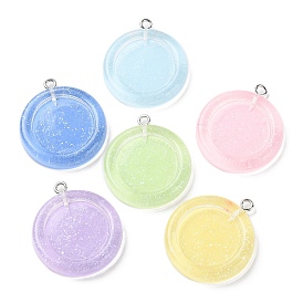 Translucent Resin Pendants, Glitter Flat Round Charms with Platinum Plated Iron Loops