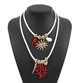 Подвеска из сплава и пластика в форме коралла с жемчужинами солнечного красного цвета, двухслойное ожерелье из искусственной кожи