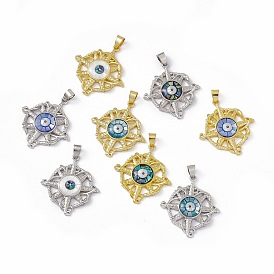 Natural Shell Pendants, Flat Round Charms with Evil Eye, Dyed, with Rack Plating Brass Findings, Long-Lasting Plated